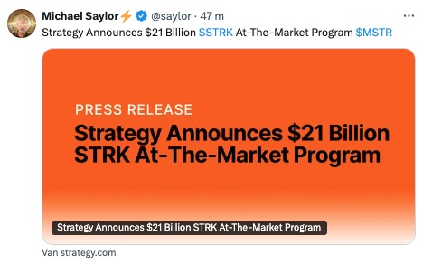 Strategy announces $21 billion STRK at-the-market program